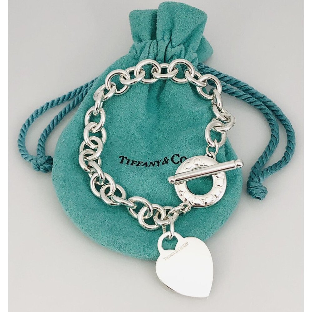 Large 9" Tiffany & Co Sterling Silver Blank Heart Tag Toggle Charm Bracelet